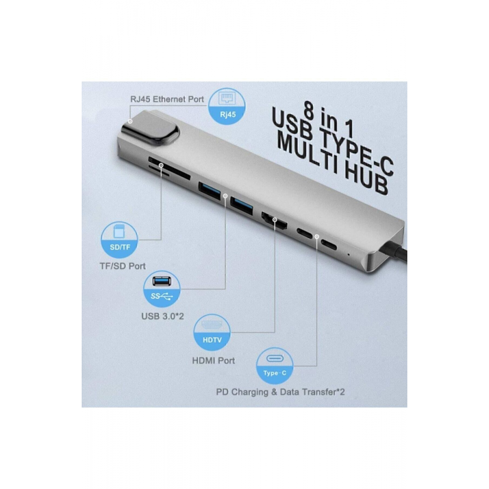 Macbook Pro Air Usb Type-c Hub Dönüştürücü Çevirici Çoklayıcı Usb Hdmı Micro Sd 8 Girişli Rj8i1new