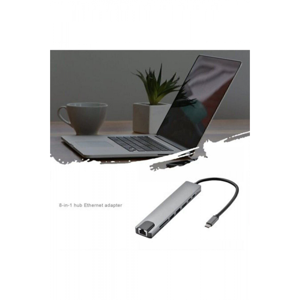 Macbook Pro Air Usb Type-c Hub Dönüştürücü Çevirici Çoklayıcı Usb Hdmı Micro Sd 8 Girişli Rj8i1new