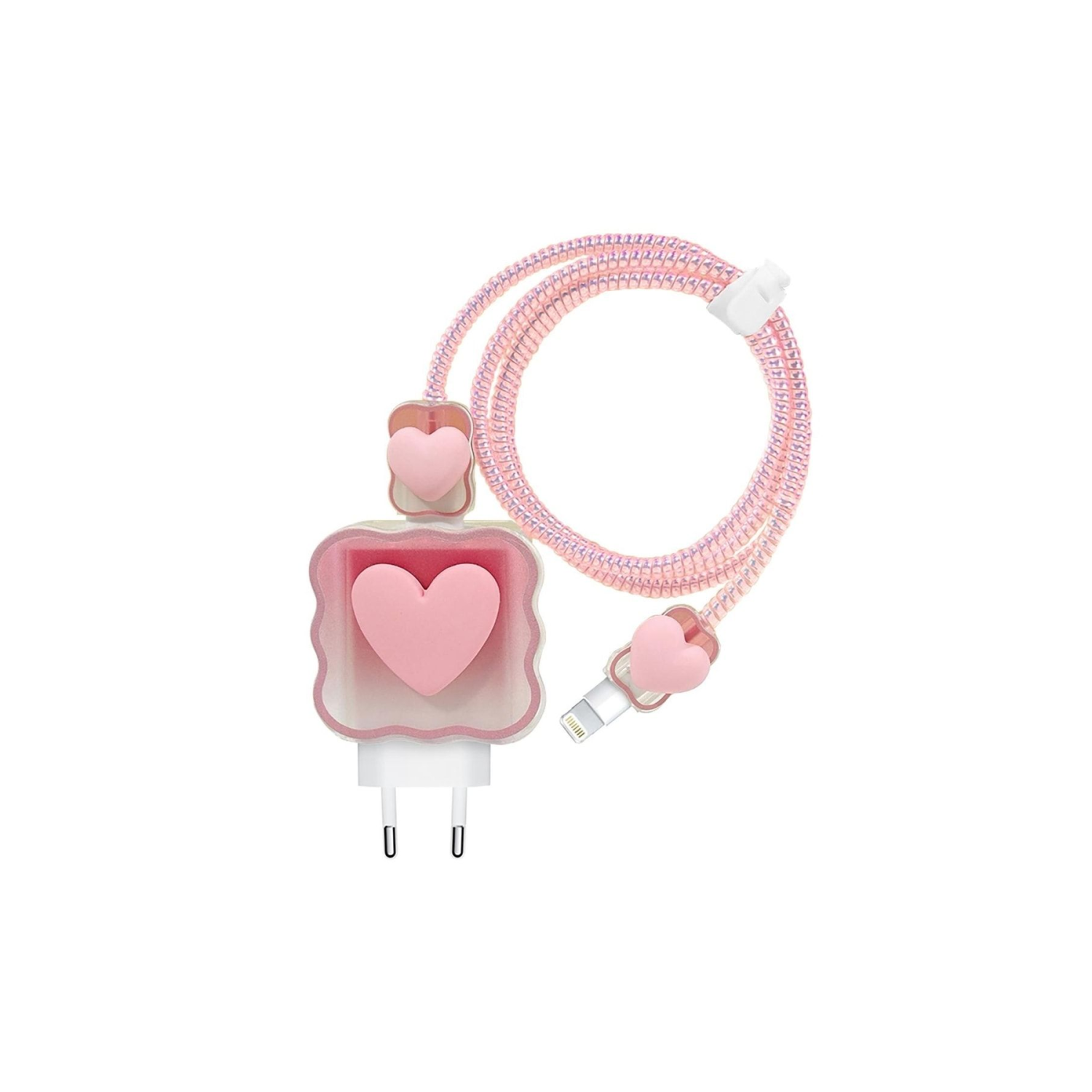 Apple Iphone Kablo Koruyucu Ve Şarj Adaptör Kılıf Süslü Kalp Desenli Pembe