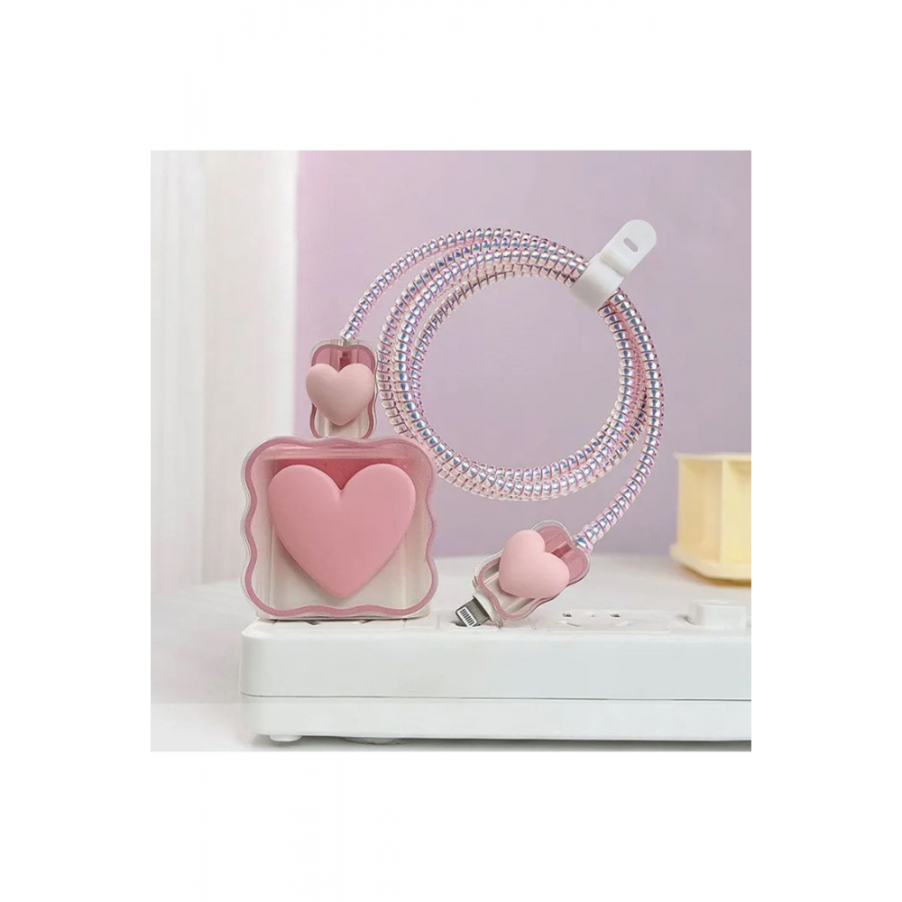 Apple Iphone Kablo Koruyucu Ve Şarj Adaptör Kılıf Süslü Kalp Desenli Pembe