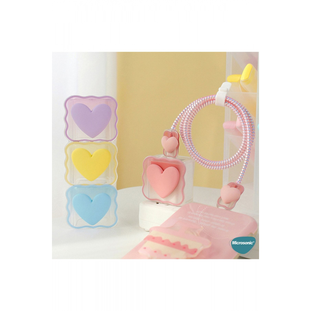 Apple Iphone Kablo Koruyucu Ve Şarj Adaptör Kılıf Süslü Kalp Desenli Pembe