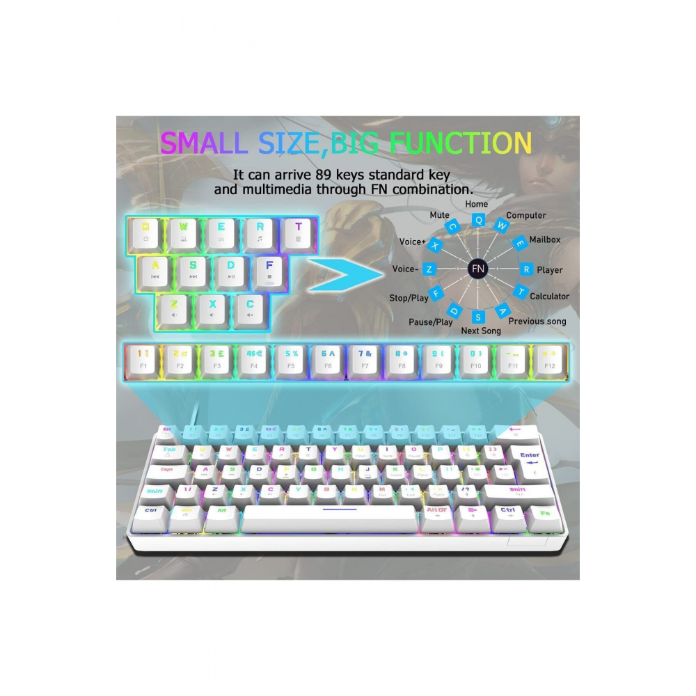 Trol Blue Switch Mini Rgb Oyun Klavyesi Gaming Mekanik 62 Tuşlu 18 Rgb Led Usb Tip-c Kablosu Beyaz