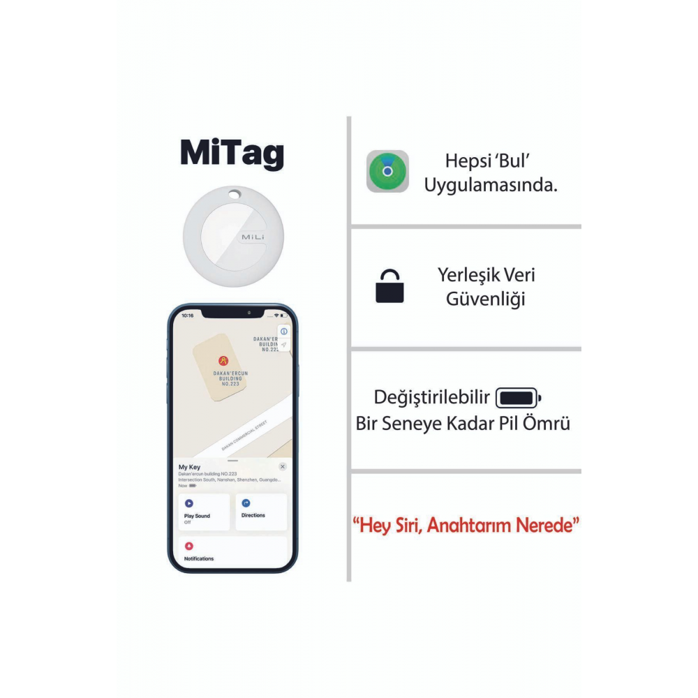Mitag Airtag Apple Ile Uyumlu Apple Mfı Sertifikalı Akıllı Takip Cihazı Kılıfsız Beyaz