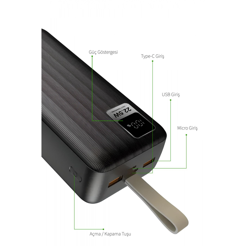 30000mAh 22.5W Hızlı Şarj LCD Ekran Lightning Type-C Micro USB Giriş Çıkış Taşınır KPG-310 Powerbank