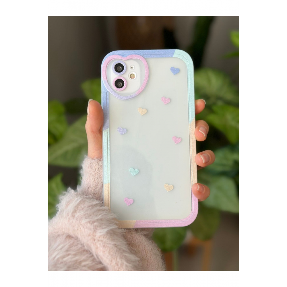 Iphone 11 Uyumlu Antişok (12 Görünümlü Köşeli) Kalp Kamera Tasarımlı Silikon Kamera Korumalı Kılıf