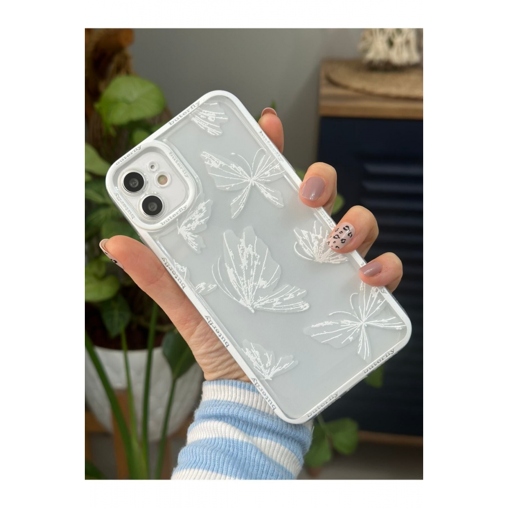 Iphone 11 Uyumlu (köşeli - 12 Görünümlü )şeffaf Kelebek Baskı Desenli Silikon Kılıf
