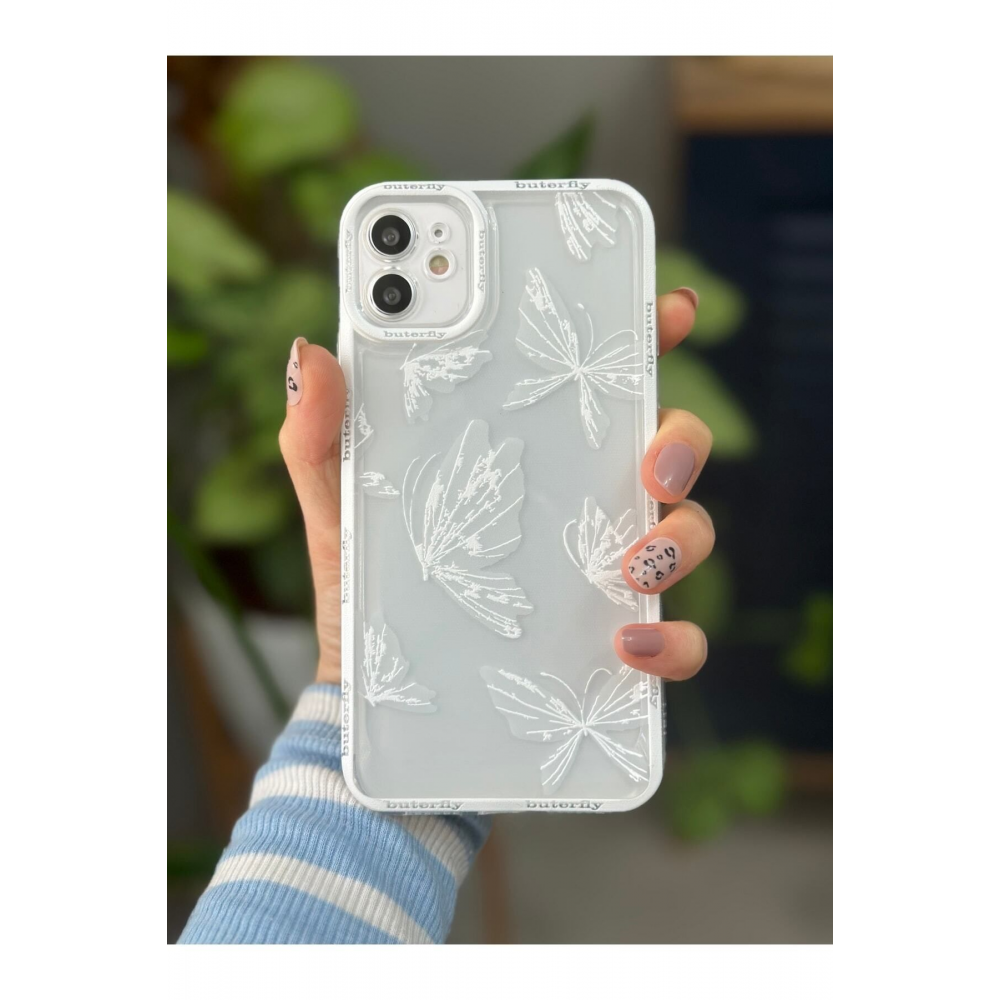 Iphone 11 Uyumlu (köşeli - 12 Görünümlü )şeffaf Kelebek Baskı Desenli Silikon Kılıf