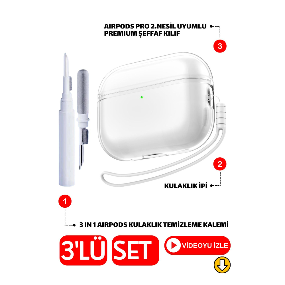 Pro 2.Nesil Uyumlu Şeffaf Premium Kulaklık Kılıfı, Kulaklık İpi ve 3'ü 1 Arada Temizleme Kalemi Seti