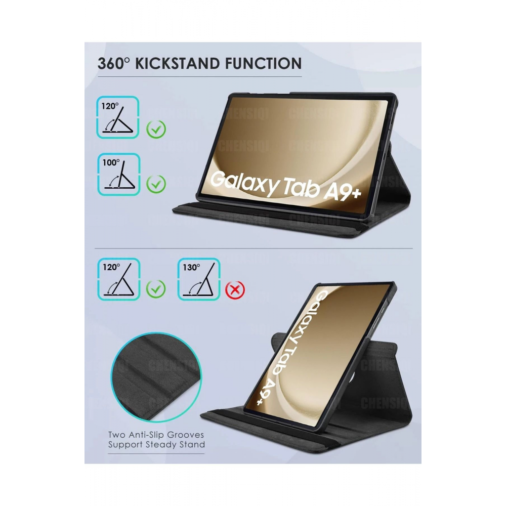 Samsung Galaxy Tab A9+Plus (11 inç) 2023 Wake Fonksiyon 360 Standı Tablet Kılıfı Kalem+Ekrankoruyucu