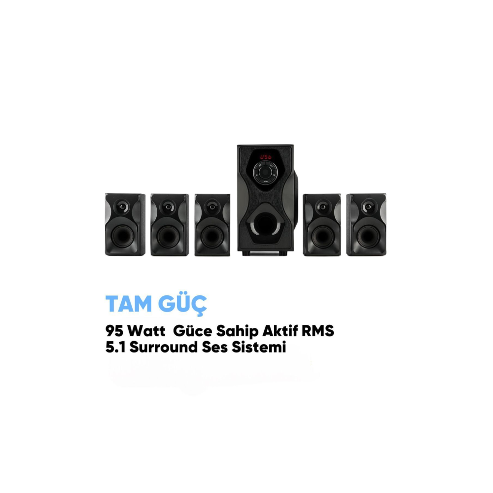 95 Watt RMS Yüksek Verimli Dijital Ekran 5+1 Ev Sinema Ses Sistemi Bluetooth/SD Kart/USB/Radyo