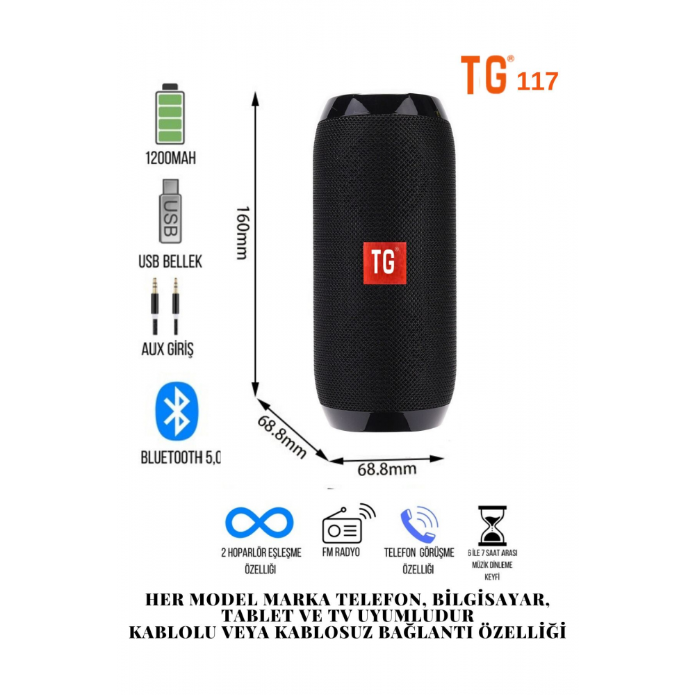 117 Bluetooth Hoparlör Kablosuz Taşınabilir Siyah Ses Bombası Extra Bass.