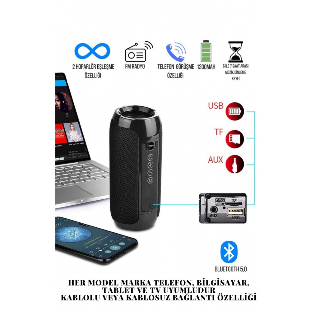 117 Bluetooth Hoparlör Kablosuz Taşınabilir Siyah Ses Bombası Extra Bass.