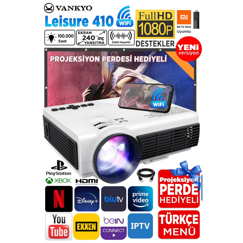 Leisure 410 5g Wifi 1080p Destekli Lcd Led Projeksiyon Cihazı - 240 Inç Yansıtma - Dahili Hoparlör