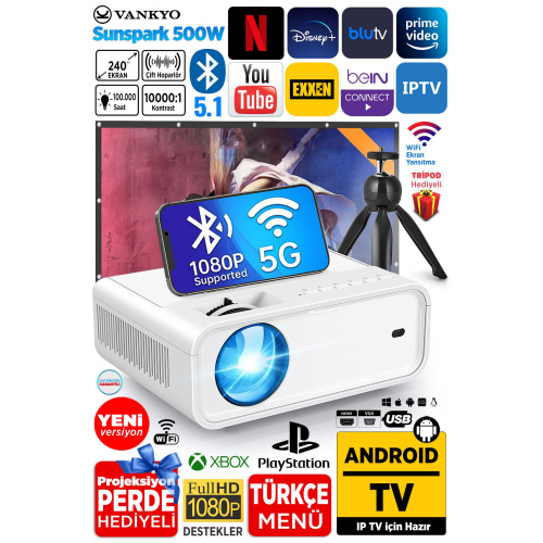 Sunspark 500w Android Tv 1080p Destekli Projeksiyon Cihazı 5g Wi-fi 5.1 Bluetooth