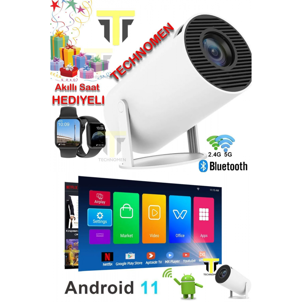Taşınabilir Sinema Projektörü 1280 * 720P Ev Sineması Bluetooth Android 11 Akıllı Projeksiyon Wifi