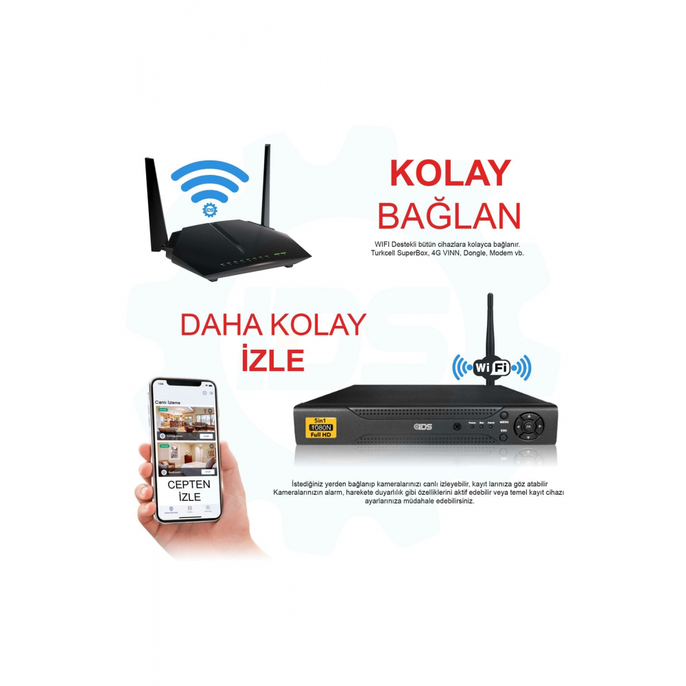 4 Kameralı Set - 5mp Sony Lensli Full Hd Gece Görüşlü Güvenlik Kamerası Sistemi - Cepten Izle