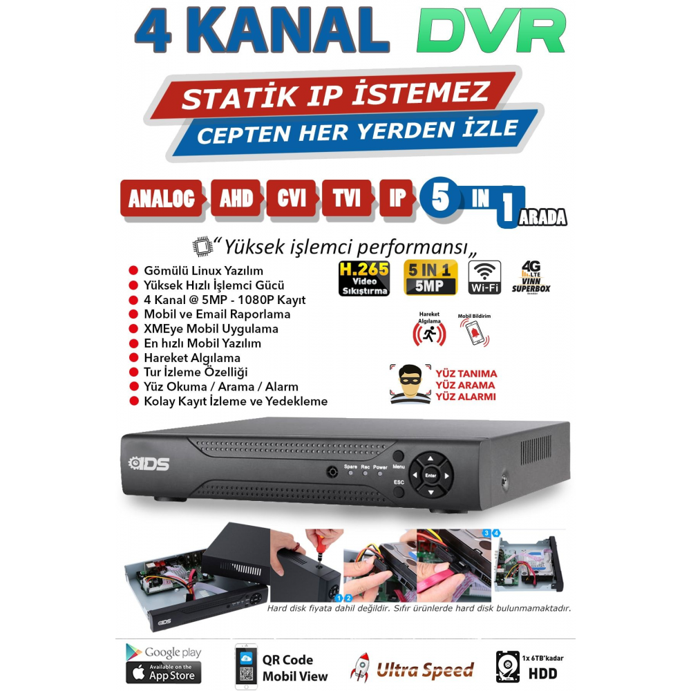 4 Kameralı Set - 5mp Sony Lensli Full Hd Gece Görüşlü Güvenlik Kamerası Sistemi - Cepten Izle