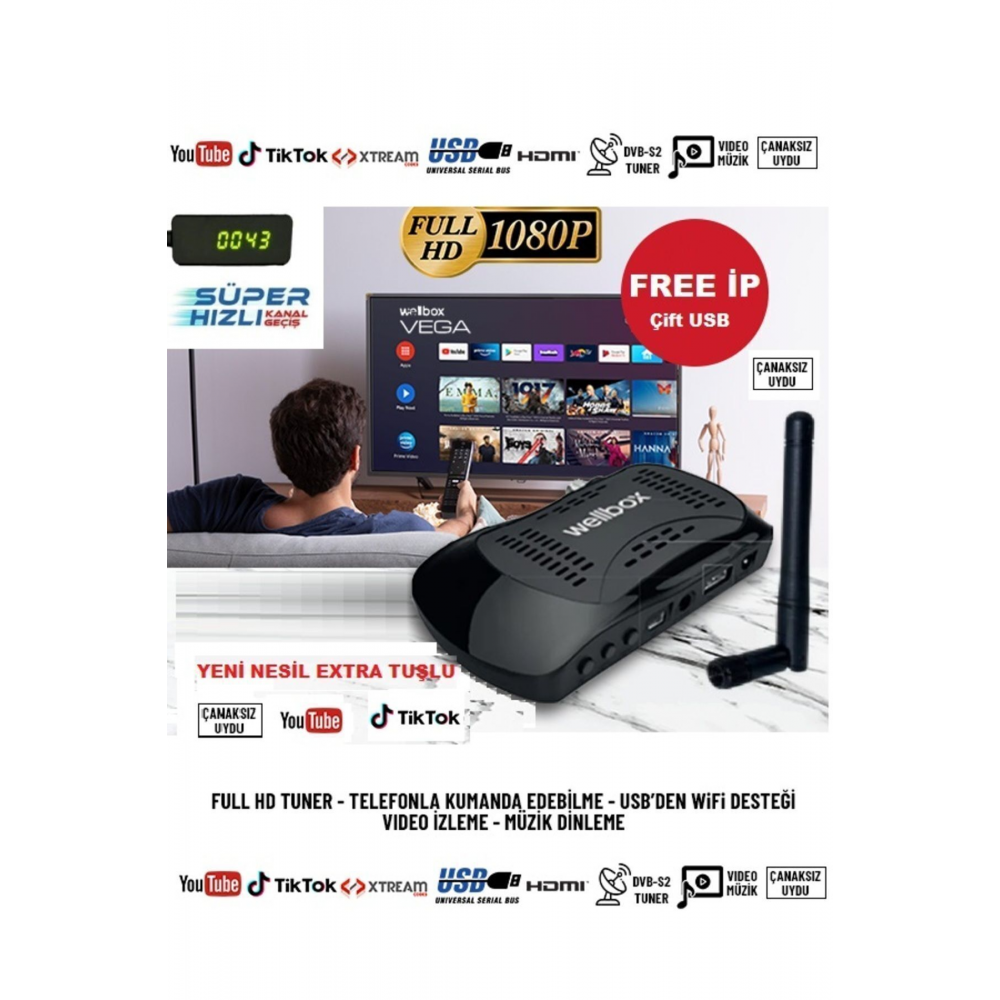 Wifi Anten Dahil Çanaklı Çanaksız 2024 Model Full Hd Uydu Alıcı Free Ip Tiktok Youtube