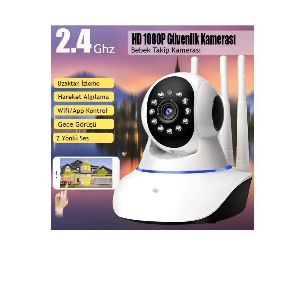 360° Wifi Ip Güvenlik Kamera 3 Antenli Gece Görüşlü Sensörlü Harekete Duyarlı Sesli 3-antenli-camera