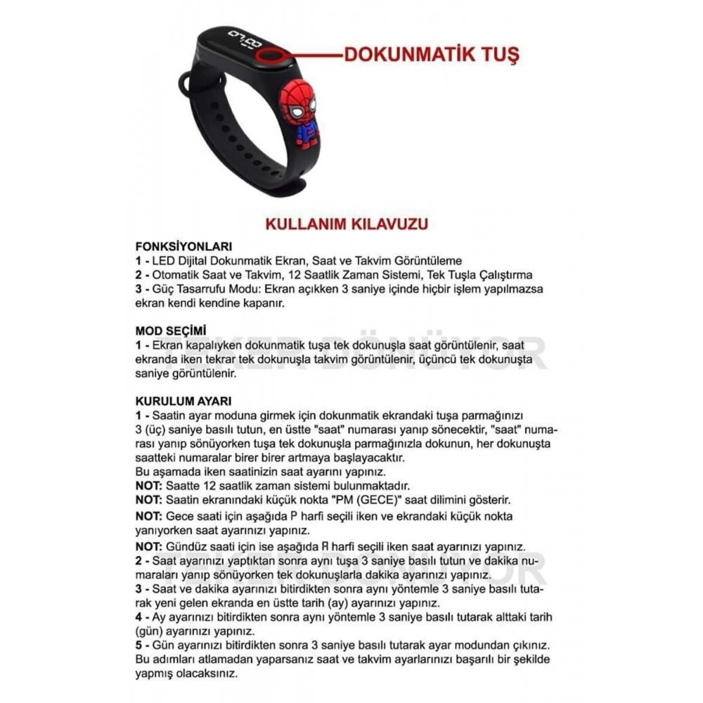 Cnr Örümcek Adam Spiderman Figürlü Dokunmatik Ekranlı Su Geçirmez Led Dijital Çocuk Kol Saati