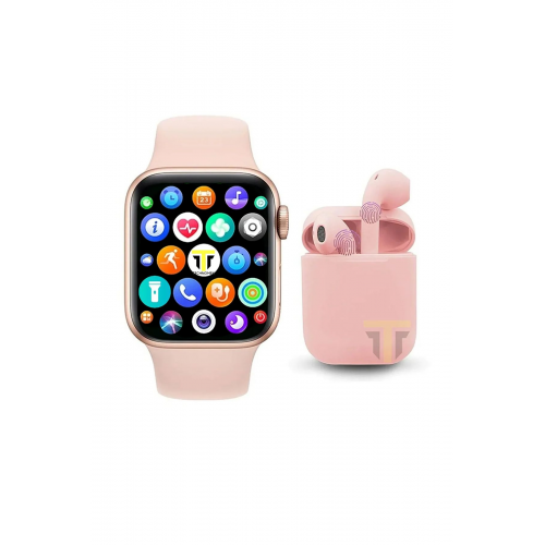 Akıllı Saat Plus + Kablosuz Kulaklık Ikili Pembe Set Ios Android Smartwatch