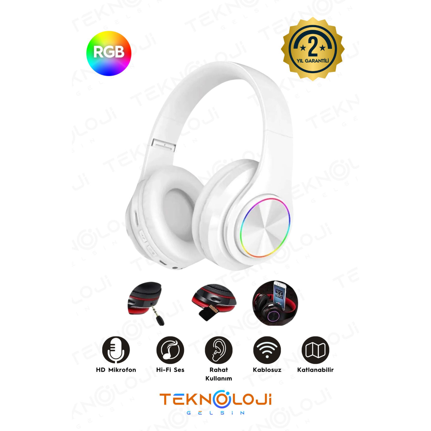 Kablosuz Bluetooth Mikrofonlu Kulaküstü Kulaklık Led Işıklı Katlanabilir Beyaz