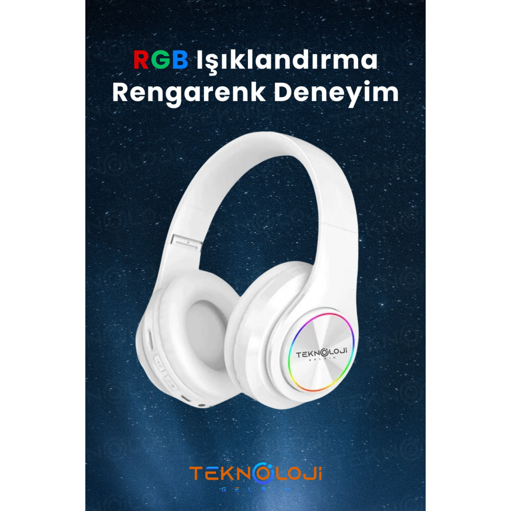 Kablosuz Bluetooth Mikrofonlu Kulaküstü Kulaklık Led Işıklı Katlanabilir Beyaz