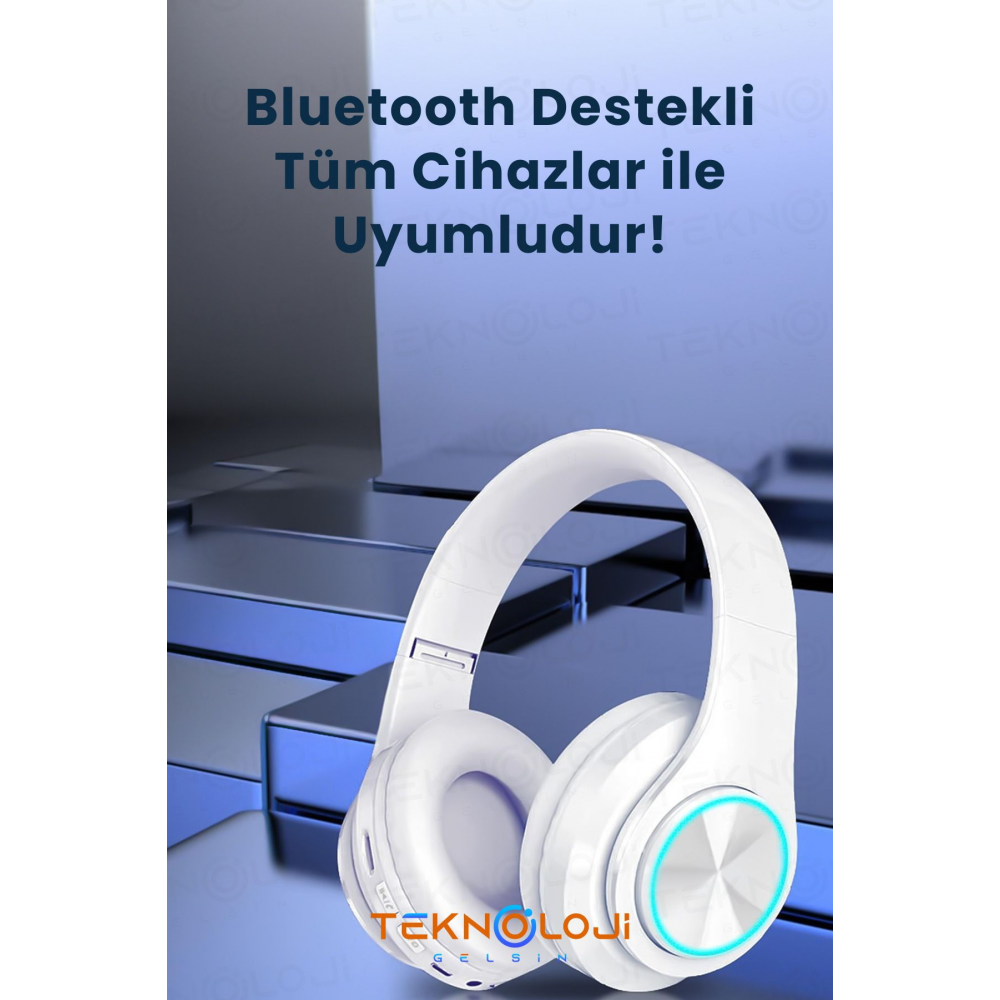 Kablosuz Bluetooth Mikrofonlu Kulaküstü Kulaklık Led Işıklı Katlanabilir Beyaz