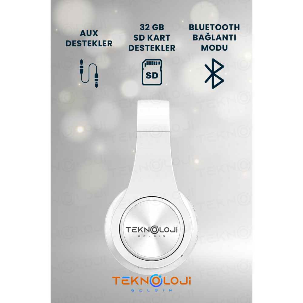 Kablosuz Bluetooth Mikrofonlu Kulaküstü Kulaklık Led Işıklı Katlanabilir Beyaz