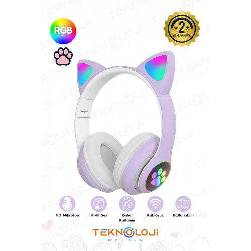 Lila Bluetooth 5.0 Mikrofonlu Kablosuz Yüksek Ses Akıllı Led Işıklı Kedi Patili Rgb Mor Kulaklık