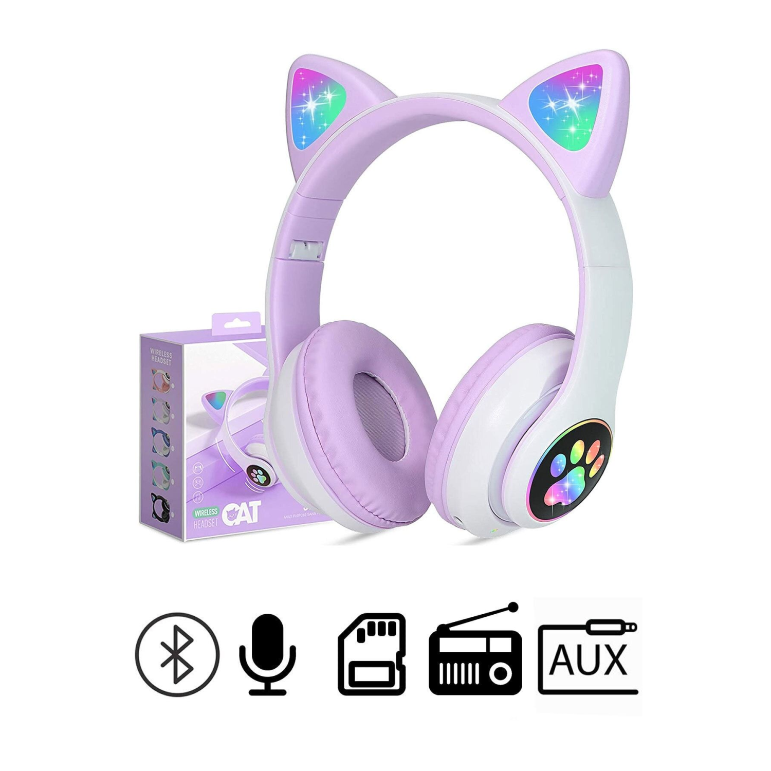 1. Kalite Kart Girişli Radyolu Bluetooth 5.0 Kulaklık Yüksek Ses Akıllı Led Işıklı Kedi Kulaklık