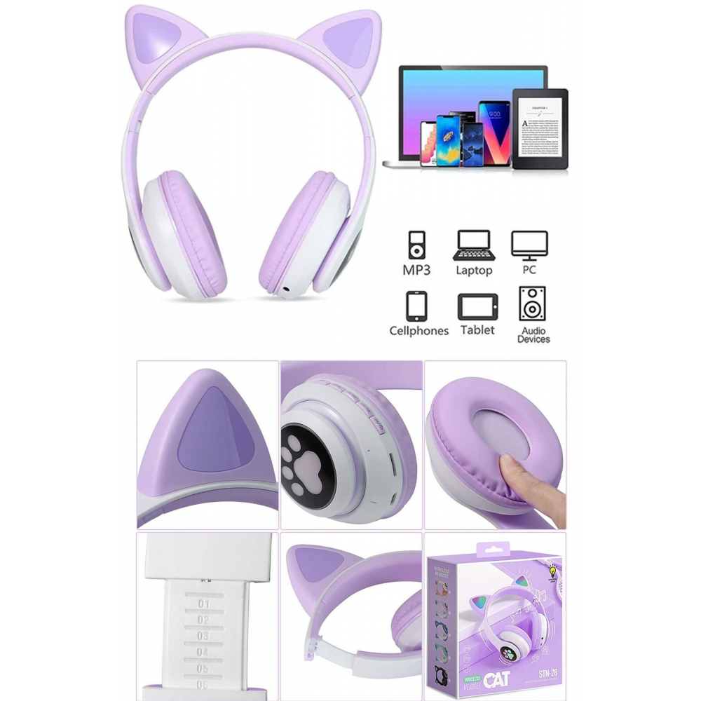 1. Kalite Kart Girişli Radyolu Bluetooth 5.0 Kulaklık Yüksek Ses Akıllı Led Işıklı Kedi Kulaklık