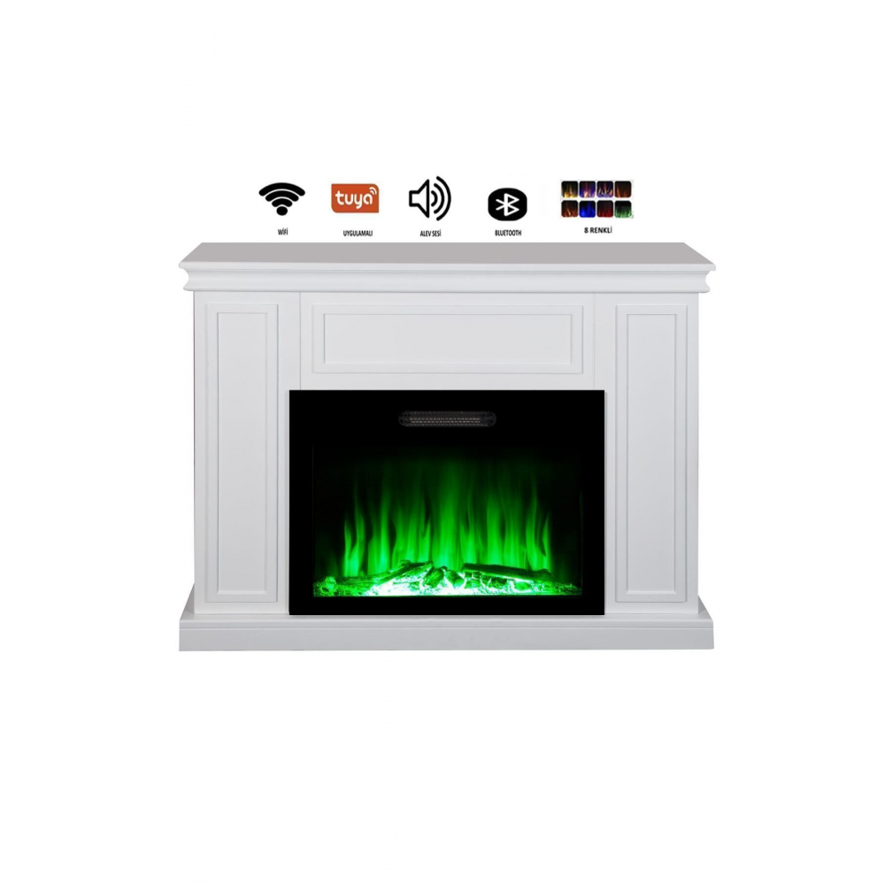 Dekoratif Beyaz Kasalı 118 Cm 8 Renkli Elektrikli Şömine Isıtıcı Bluetooth, Alev Sesi, Wifi