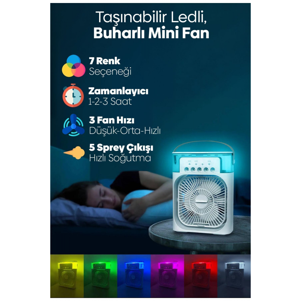 Smart Taşınabilir Işıklı 5 Spreyli Vantilatör Buzlu Buharlı Mini Fan Nemlendirici