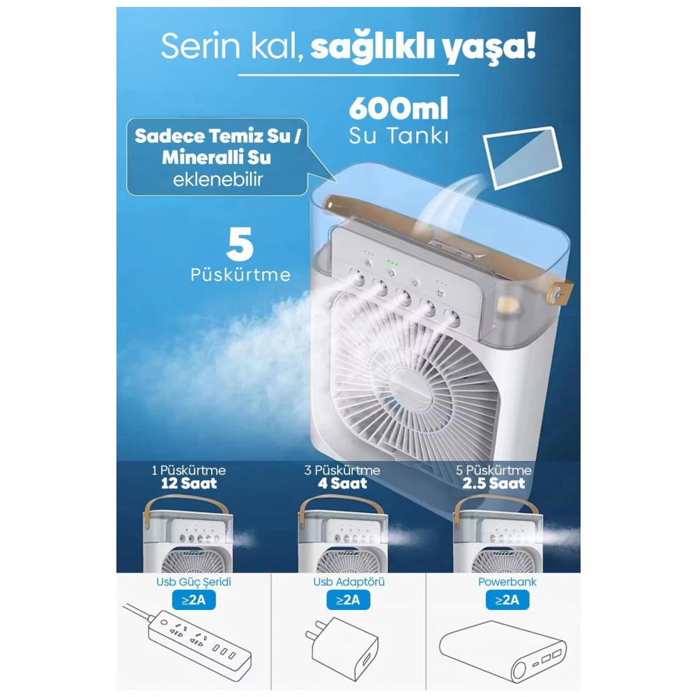 Smart Taşınabilir Işıklı 5 Spreyli Vantilatör Buzlu Buharlı Mini Fan Nemlendirici