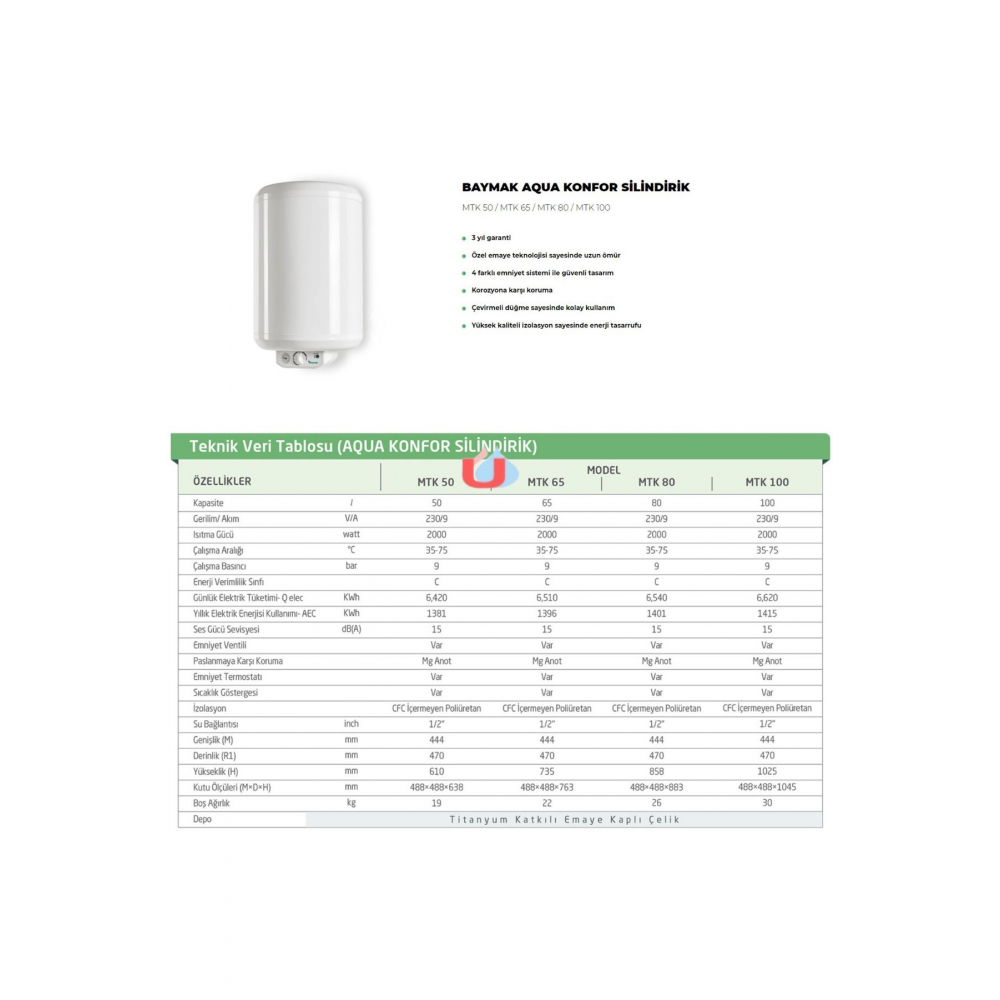 Aqua Konfor Silindirik 80 Litre Elektrikli Termosifon Mtk-80 (MONTAJ HARİÇ)