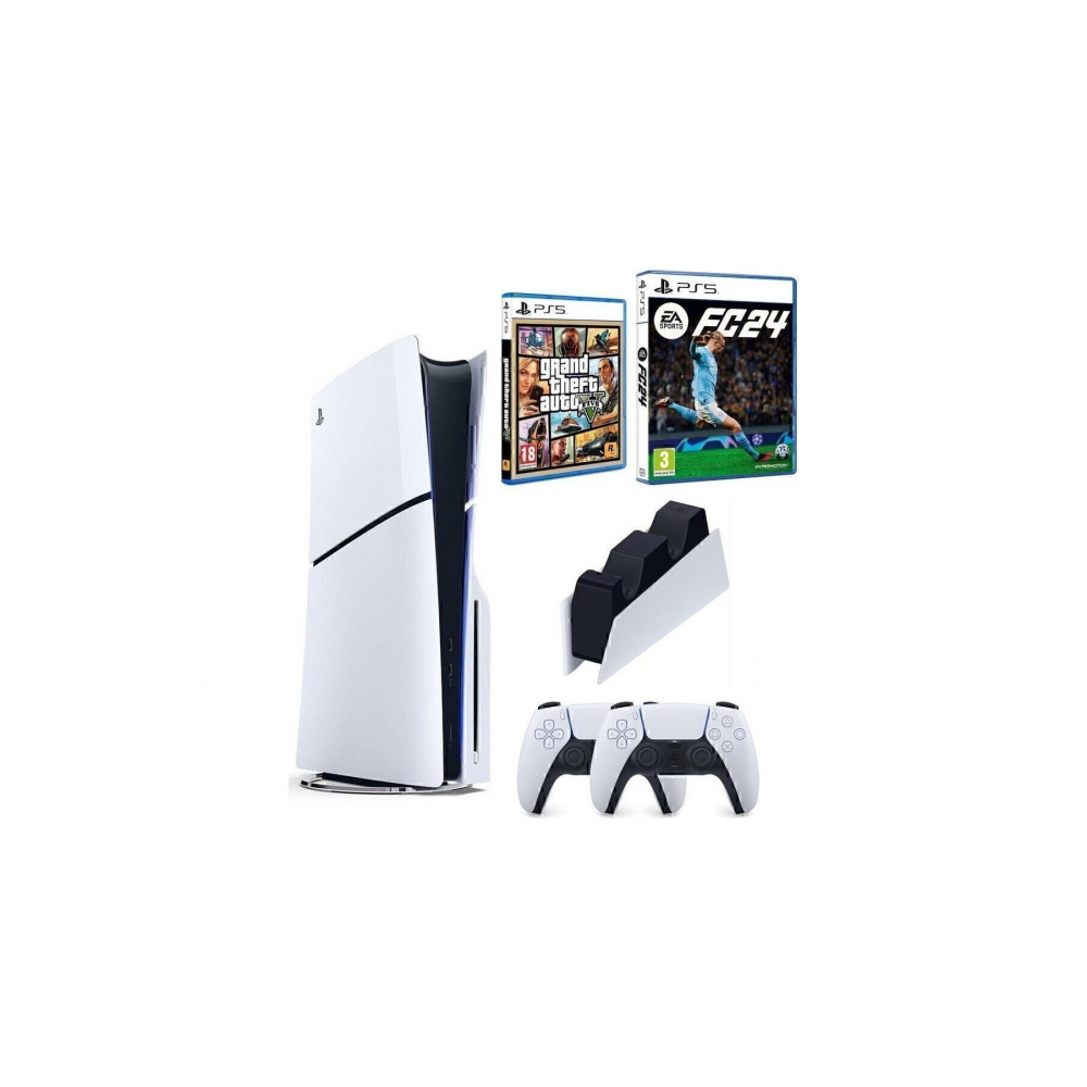 Playstation 5 Slim Standart Edition + 2. PS5 DualSense+ Şarj + Fc 24 + Gta 5 (İthalatçı Garantili)