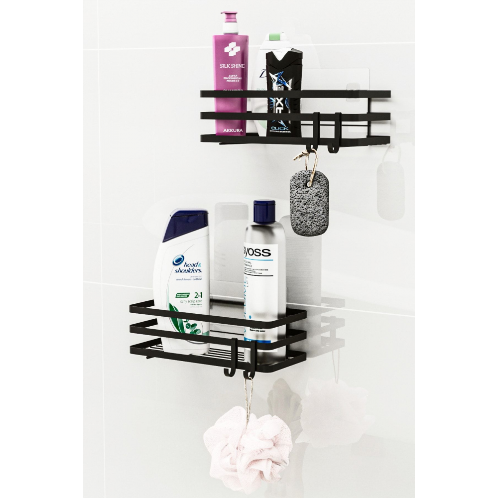 Banyo Düzenleyici Şampuanlık Sabunluk 2 Li Set Lamalı Yapışkanlı 4 Askılı Duş Rafı Organizer