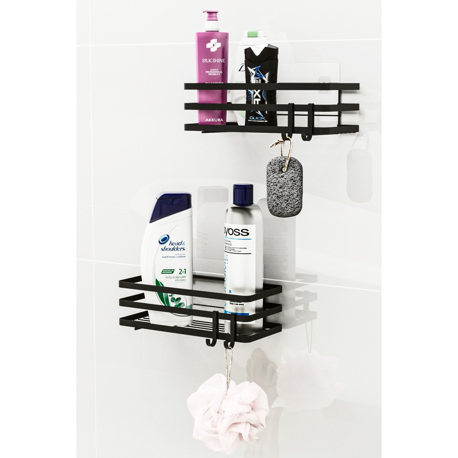 Banyo Düzenleyici Şampuanlık Sabunluk 2 Li Set Lamalı Yapışkanlı 4 Askılı Duş Rafı Organizer