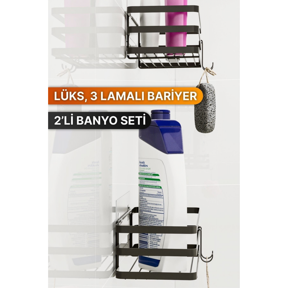 Banyo Düzenleyici Şampuanlık Sabunluk 2 Li Set Lamalı Yapışkanlı 4 Askılı Duş Rafı Organizer