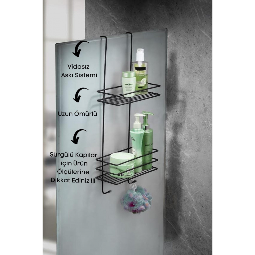 Ömür Boyu Paslanmaz 2 Katlı Askılı Banyo Duş Rafı Sabunluk Duşakabin Şampuanlık Siyah