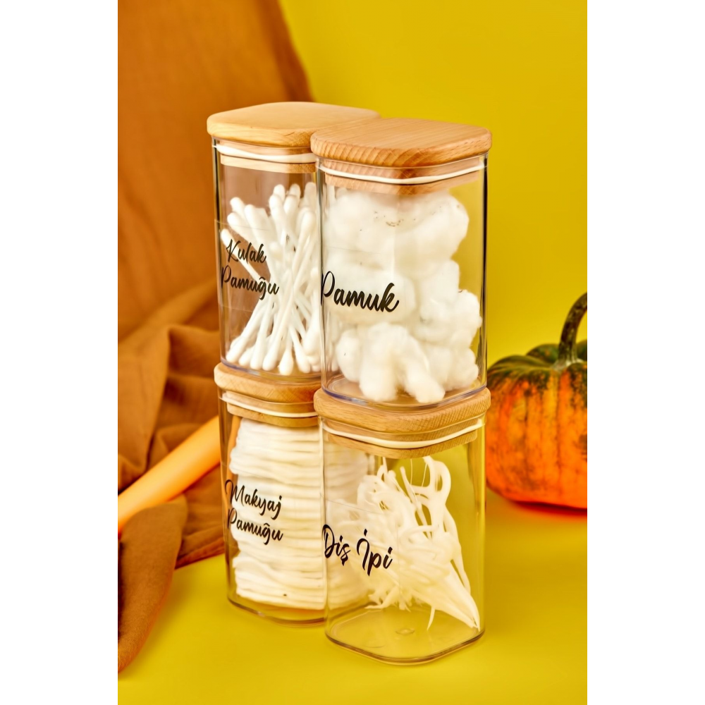 4'lü Ahşap Kapaklı Akrilik Diş Ipi & Kulak Pamuğu & Pamuk & Makyaj Pamuğu Banyo Seti