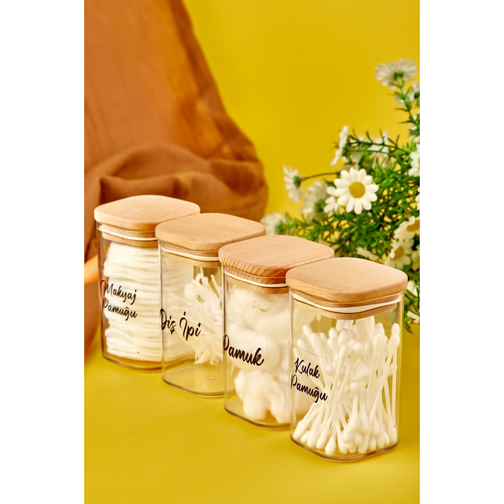 4'lü Ahşap Kapaklı Akrilik Diş Ipi & Kulak Pamuğu & Pamuk & Makyaj Pamuğu Banyo Seti