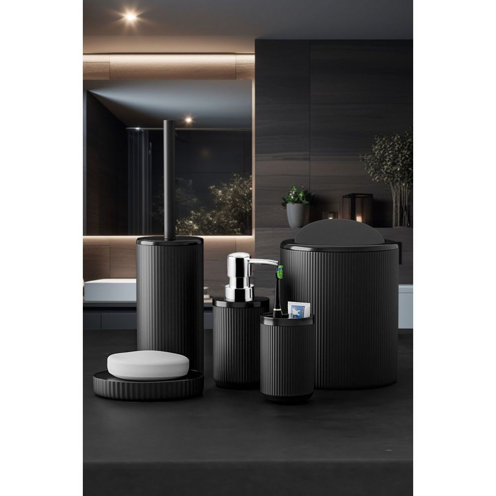 5 Parça Lüx Banyo Seti - Dekoratif Yuvarlak Pratik Kapak Çöp Kovası Diş Fırçalık Sabunluk Fırça Seti