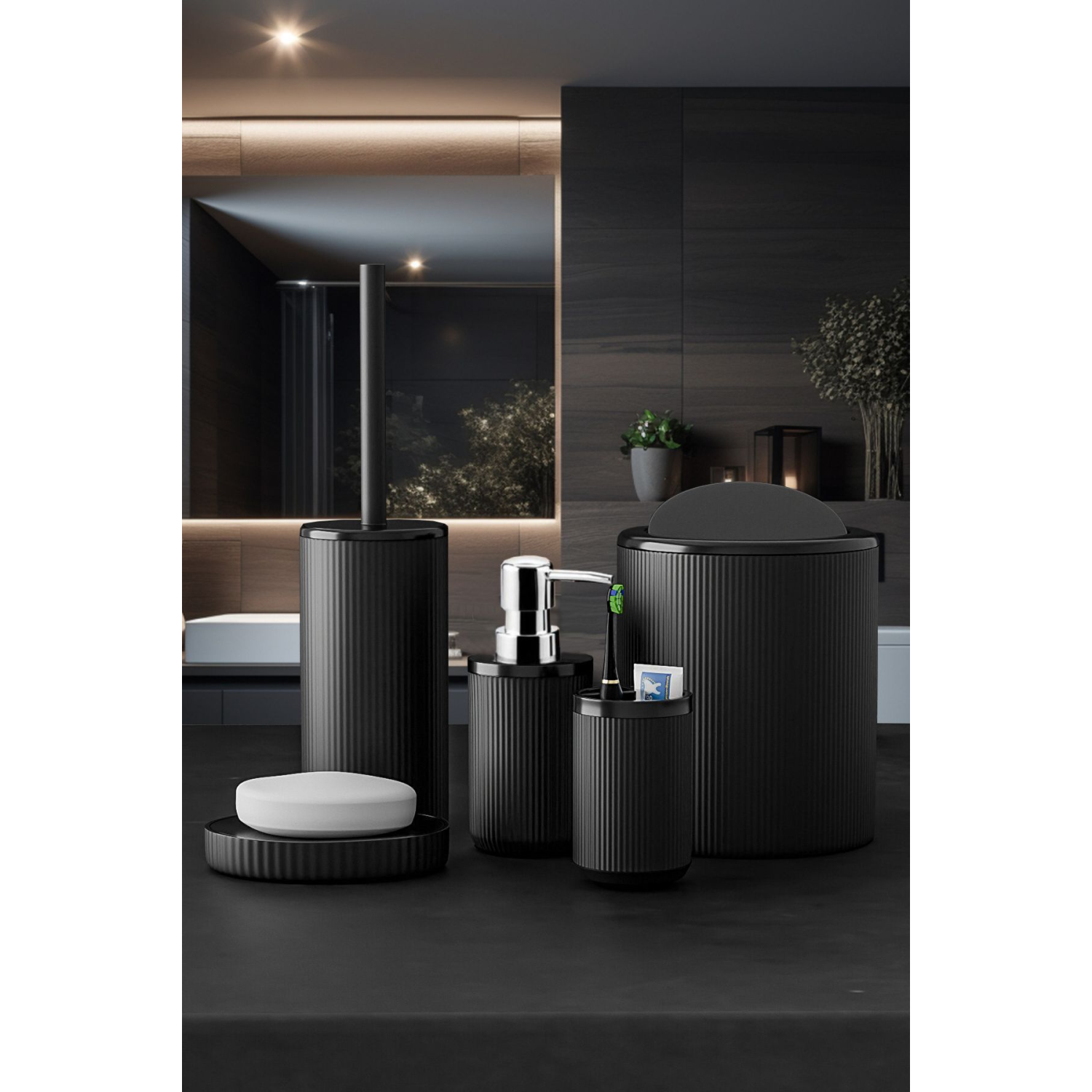 5 Parça Lüx Banyo Seti - Dekoratif Yuvarlak Pratik Kapak Çöp Kovası Diş Fırçalık Sabunluk Fırça Seti