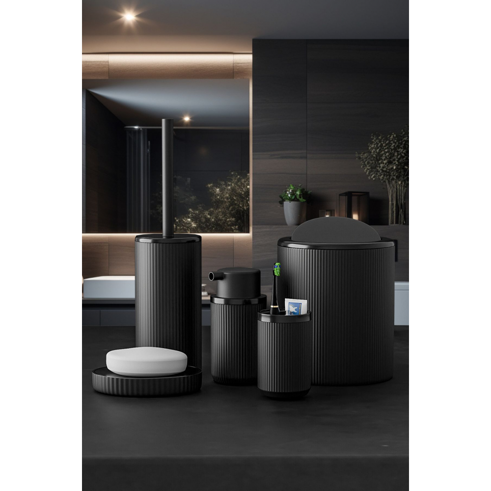 5 Parça Lüx Banyo Seti - Dekoratif Yuvarlak Pratik Kapak Çöp Kovası Diş Fırçalık Sabunluk Fırça Seti