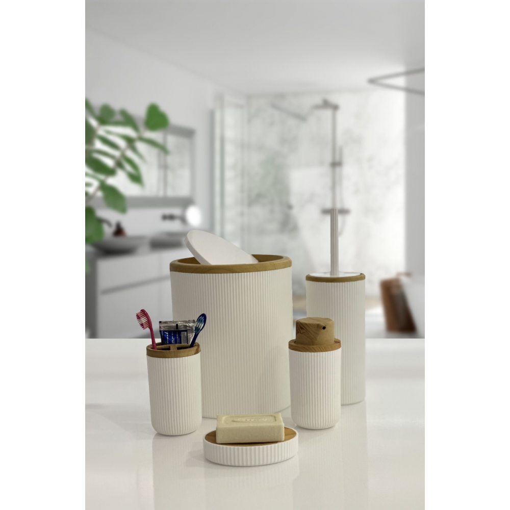 Auaro 5 Parça Beyaz Çizgili Bambu Kapaklı Yuvarlak 5'li Banyo Seti