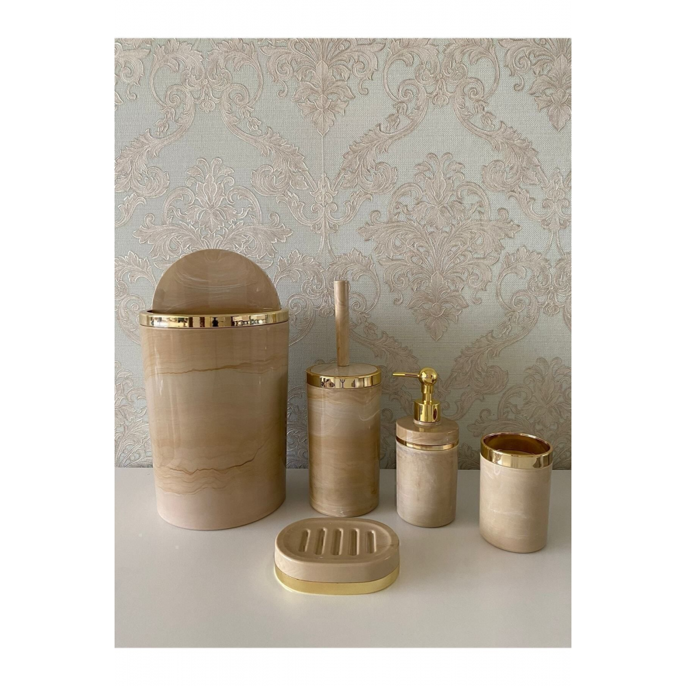 Parça Mermer Desen Krembanyo Seti / Wc Fırçalık, Sıvı - Katı Sabunluk, Çöp Kovası, Diş Fırçalık