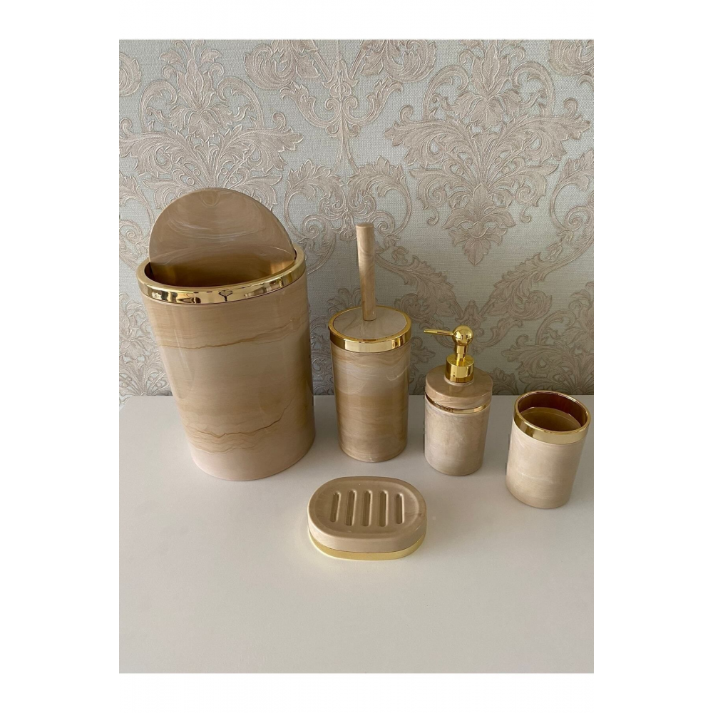 Parça Mermer Desen Krembanyo Seti / Wc Fırçalık, Sıvı - Katı Sabunluk, Çöp Kovası, Diş Fırçalık