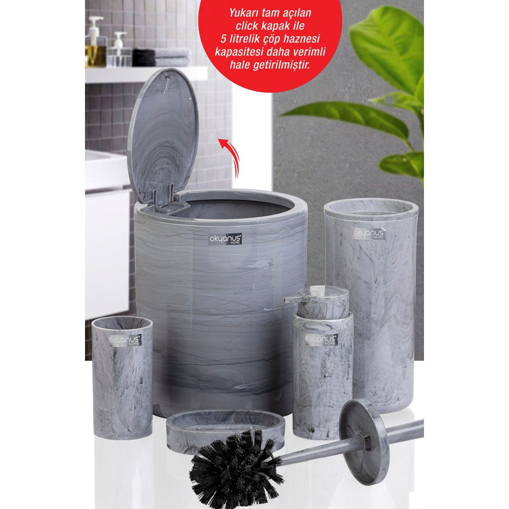 Yuvarlak Mermer Desenli 5'li Banyo Seti